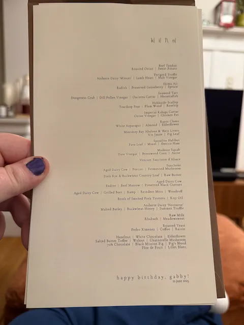 a photo of the menu from our meal