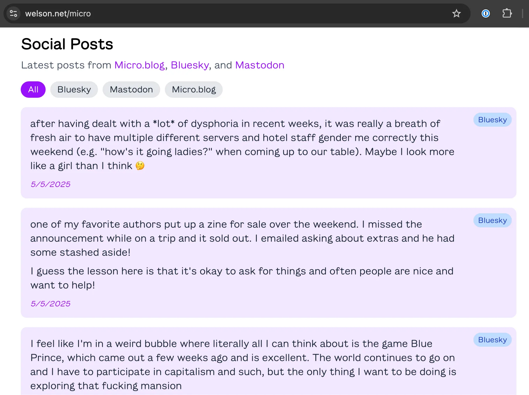 a screenshot of the first few bluesky posts on my /micro page